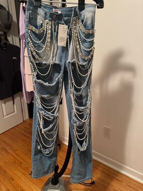 Hot & Delicious Light Blue Denim Jeans with Pearl & Crystal Chains